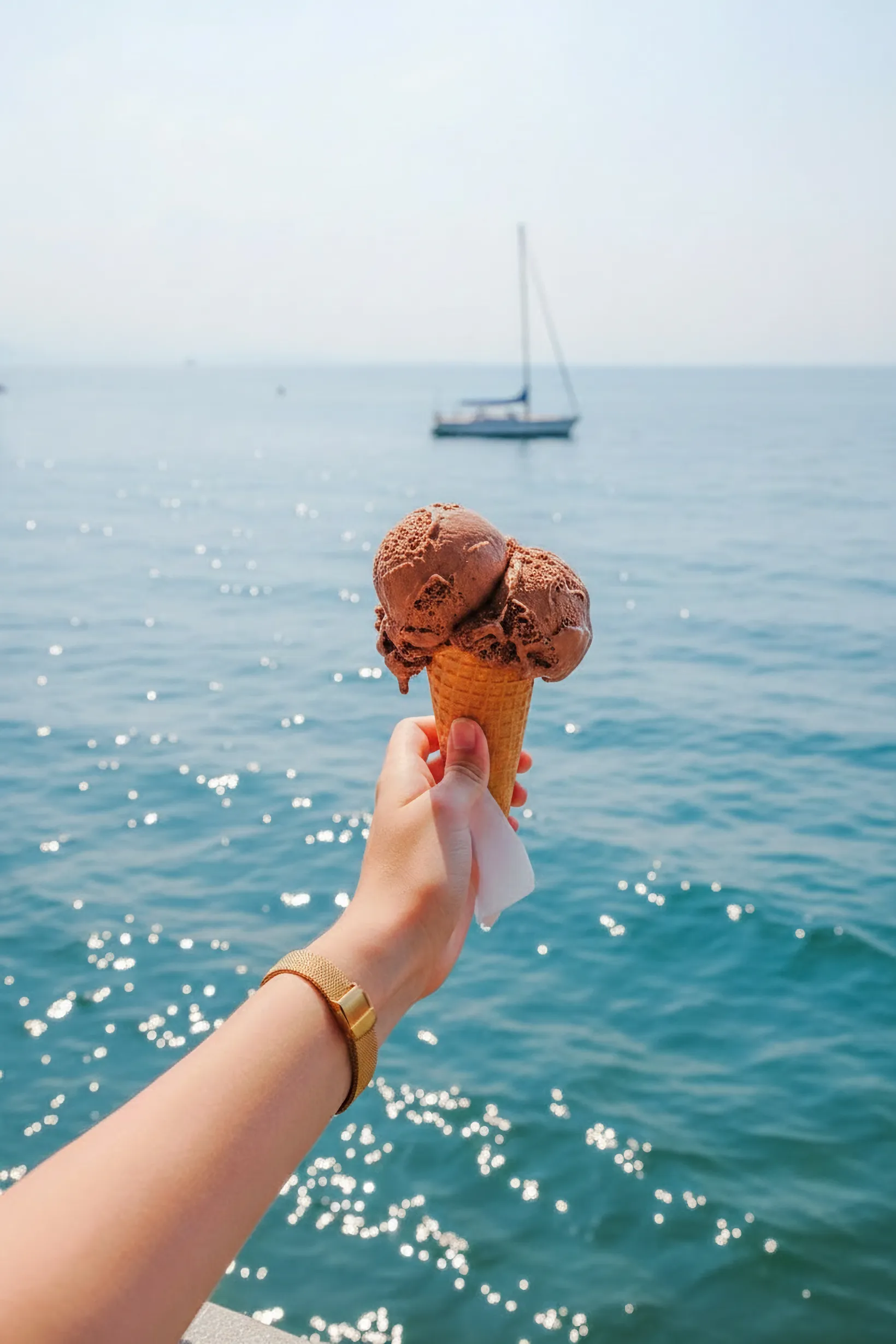 A hand with a gold bracelet holds a melting chocolate ice cream cone over sparkling blue water, with a sailboat in the background.