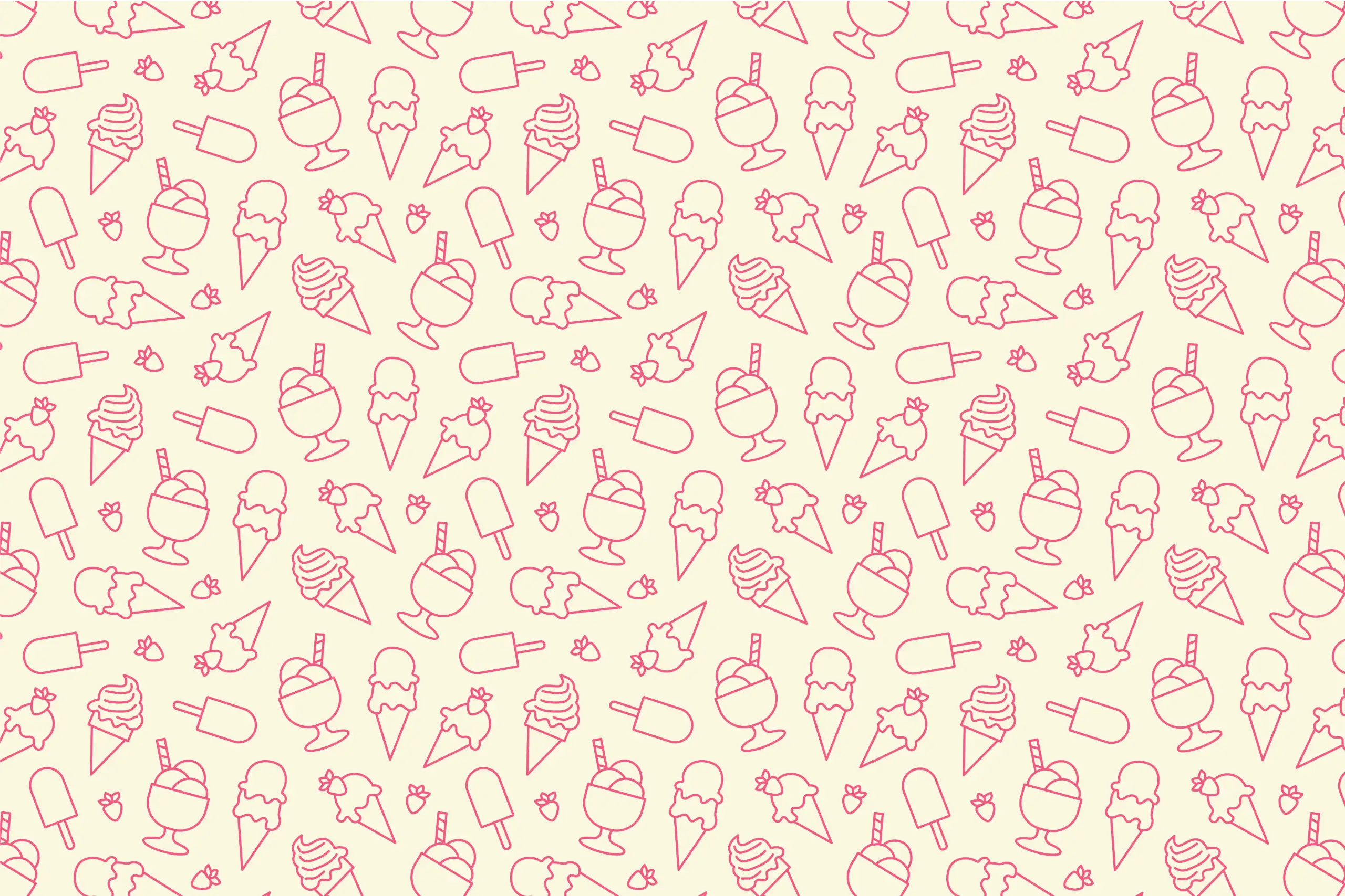 A seamless pattern of pink line-drawn icons showing assorted ice cream cones, sundaes, popsicles, and strawberries on a light background.